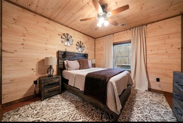 bedroom featuring wooden walls, wooden ceiling, and a ceiling fan