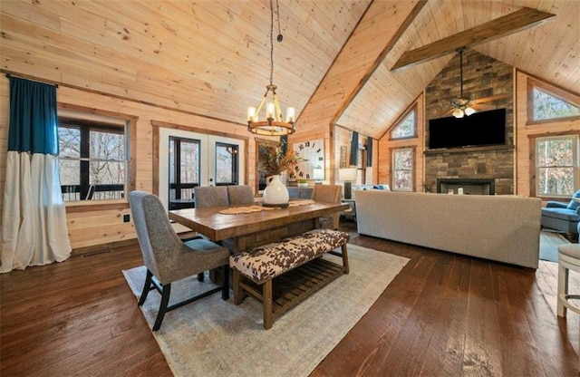 dining area featuring wood ceiling with exposed beams, high vaulted ceiling, a chandelier, dark wood-style flooring, and a fireplace