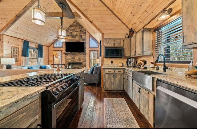 kitchen with dishwasher, black gas range oven, dark wood-style floors, wooden ceiling, and open floor plan