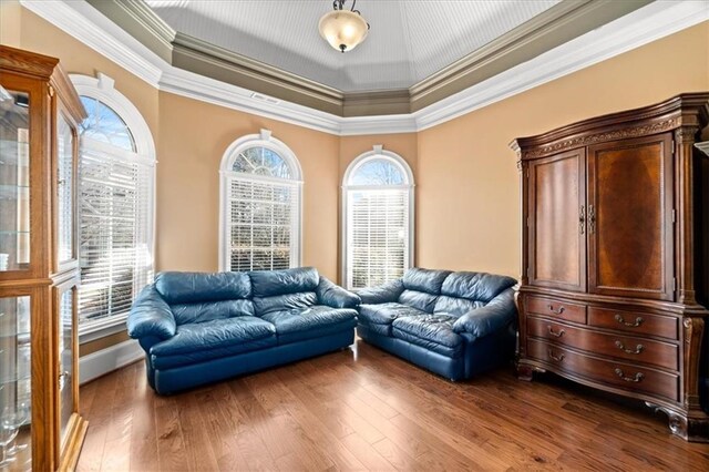 living area featuring a raised ceiling, wood-type flooring, and ornamental molding