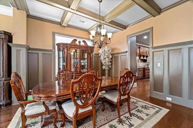 dining room with dark hardwood / wood-style flooring, coffered ceiling, crown molding, beam ceiling, and a chandelier