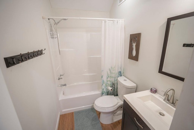 2019 Chelton Way SE, Smyrna, GA 30080 - full bathroom featuring toilet, vanity, wood finished floors, and shower / bathtub combination with curtain