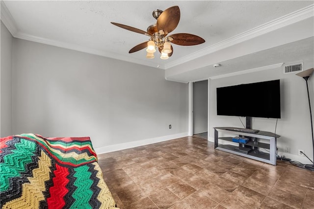 living area with ceiling fan and crown molding