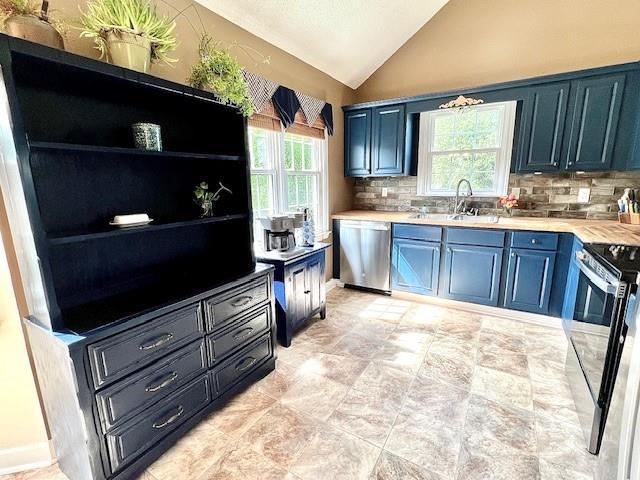 19 Magnolia Ct NE, Rydal, GA 30171 - kitchen featuring stainless steel appliances, a sink, decorative backsplash, light countertops, and high vaulted ceiling