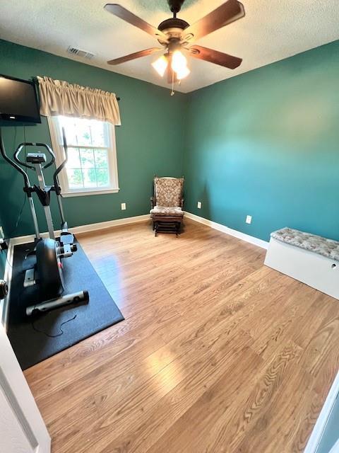 19 Magnolia Ct NE, Rydal, GA 30171 - exercise area with wood finished floors, a textured ceiling, ceiling fan, and baseboards