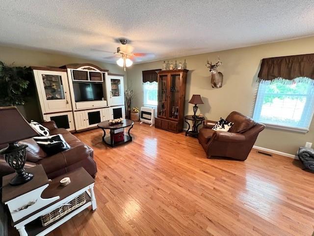 19 Magnolia Ct NE, Rydal, GA 30171 - living room featuring a textured ceiling, wood finished floors, and a ceiling fan