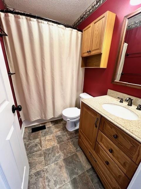 19 Magnolia Ct NE, Rydal, GA 30171 - full bath featuring a textured ceiling, toilet, vanity, stone finish floors, and a shower with curtain