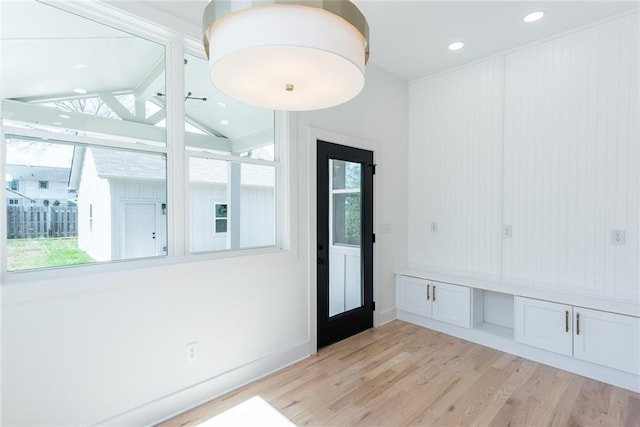 3395 Lee St, East Point, GA 30344 - interior space featuring lofted ceiling with beams, baseboards, light wood-style flooring, and recessed lighting