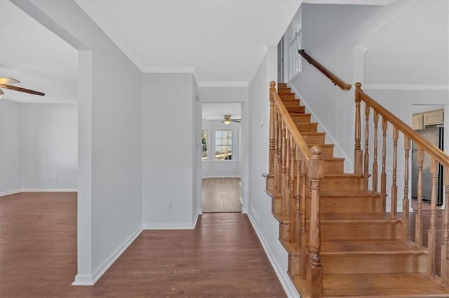 stairs featuring ceiling fan, hardwood / wood-style floors, and crown molding