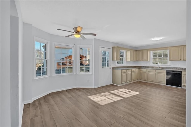 kitchen with a healthy amount of sunlight, sink, light hardwood / wood-style floors, and black dishwasher