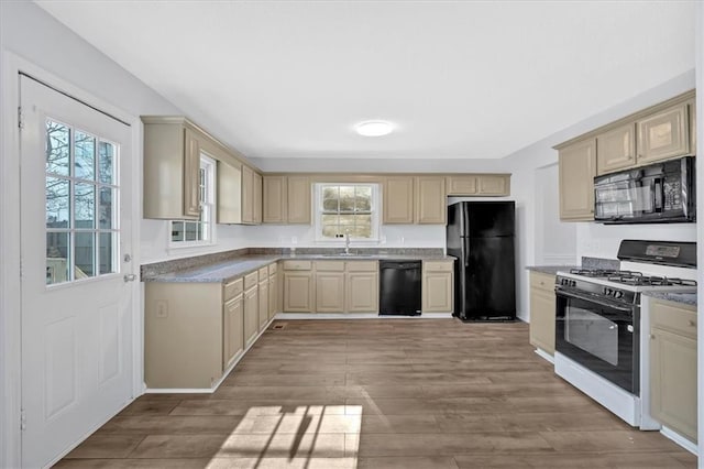 kitchen with black appliances, sink, and light hardwood / wood-style flooring