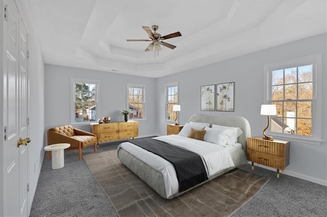 carpeted bedroom with ceiling fan, a raised ceiling, and multiple windows