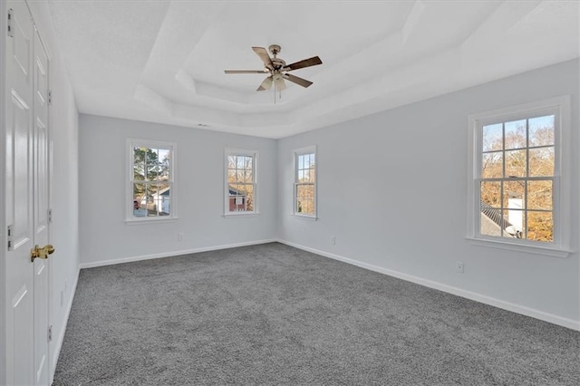 spare room featuring a raised ceiling, ceiling fan, and dark carpet