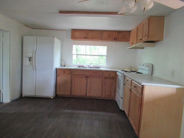 1779 New Bridge Rd, Cleveland, GA 30528 - kitchen featuring white appliances, light countertops, dark wood-type flooring, and a sink