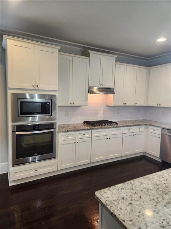 2439 Muirfield Pl, Atlanta, GA 30337 - kitchen featuring stainless steel appliances, light stone counters, under cabinet range hood, dark wood-type flooring, and recessed lighting