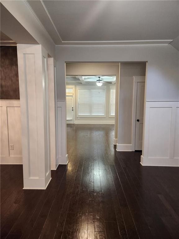 2439 Muirfield Pl, Atlanta, GA 30337 - corridor featuring dark wood-style flooring, a decorative wall, a wainscoted wall, and crown molding