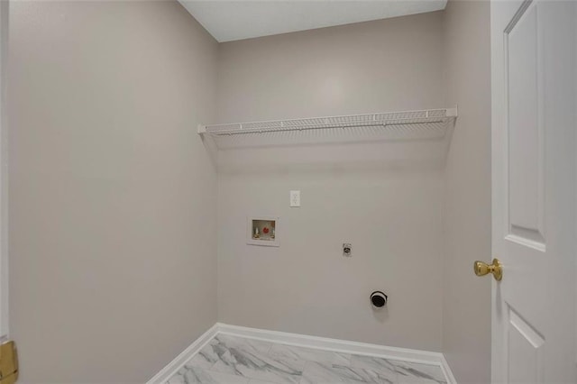 laundry room with laundry area, hookup for an electric dryer, hookup for a washing machine, baseboards, and marble finish floor