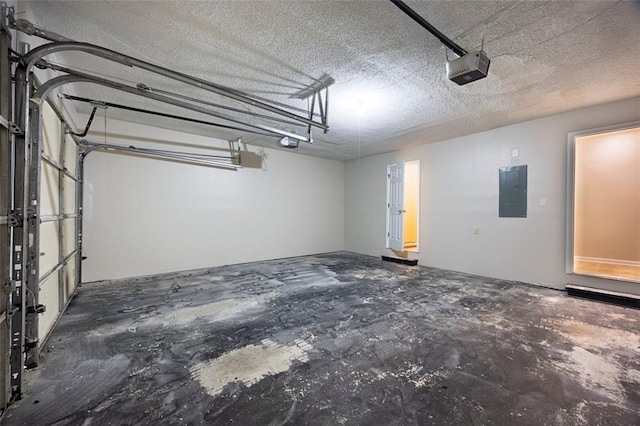 garage with electric panel and a garage door opener