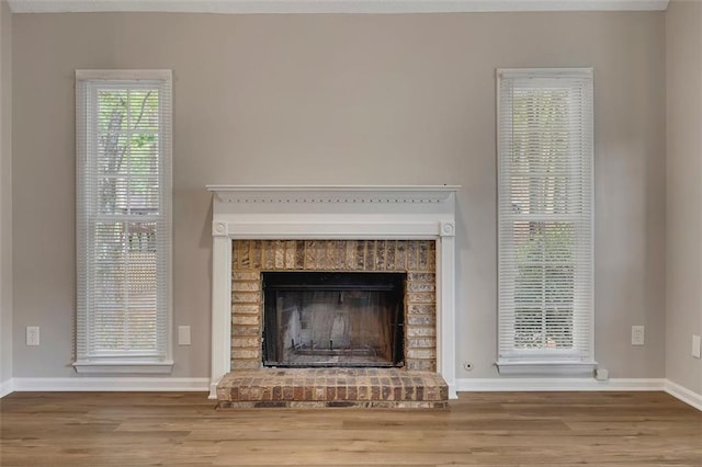 room details with a fireplace, baseboards, and wood finished floors
