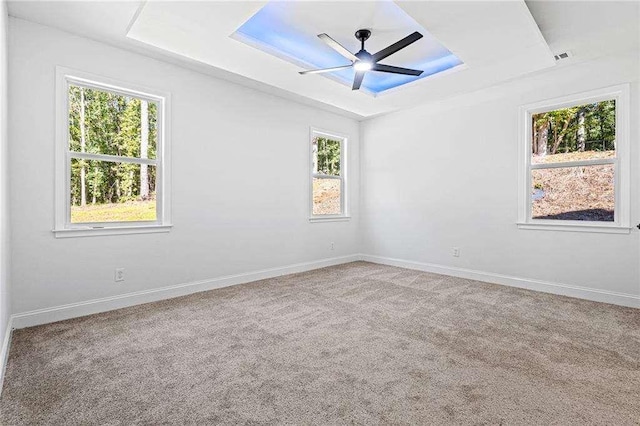 unfurnished room featuring a tray ceiling, baseboards, ceiling fan, and carpet