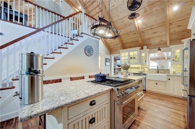 kitchen featuring stainless steel appliances, wooden ceiling, a sink, and light wood-style flooring