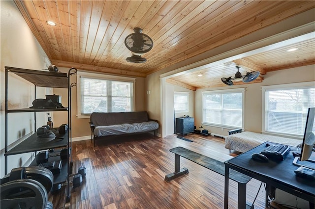 interior space featuring recessed lighting, wood ceiling, baseboards, and wood finished floors