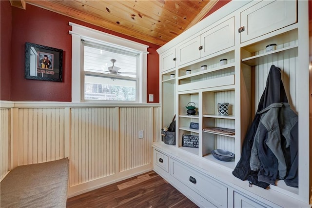 mudroom featuring wood ceiling, a ceiling fan, dark wood-type flooring, and wainscoting