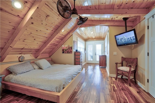 bedroom with vaulted ceiling with beams, wood finished floors, wood ceiling, and baseboards