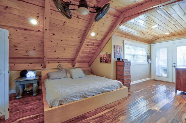 bedroom with lofted ceiling with beams, wooden ceiling, baseboards, and wood finished floors