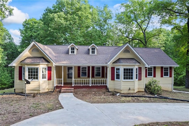 view of front facade with covered porch, roof with shingles, and view of scattered trees