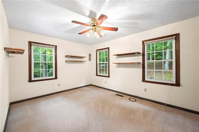 carpeted spare room featuring baseboards, plenty of natural light, ceiling fan, and a textured ceiling