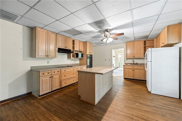 kitchen with freestanding refrigerator, ceiling fan, black electric cooktop, dark wood finished floors, and open shelves