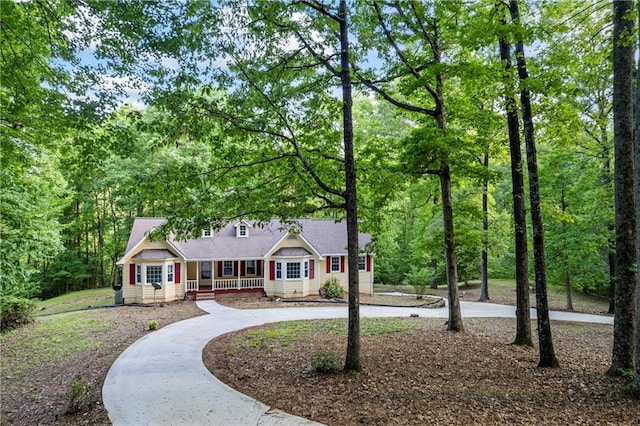view of front facade with covered porch and curved driveway