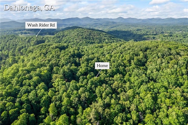 aerial view of a mountainous background and a heavily wooded area