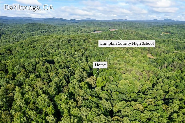 aerial view of property's location featuring a forest and a mountain backdrop