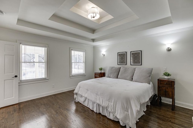 bedroom with dark hardwood / wood-style flooring, a raised ceiling, and ornamental molding