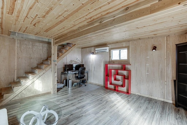 basement with wooden ceiling, hardwood / wood-style flooring, and wooden walls