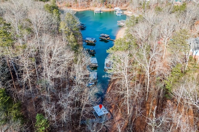 drone / aerial view featuring a water view