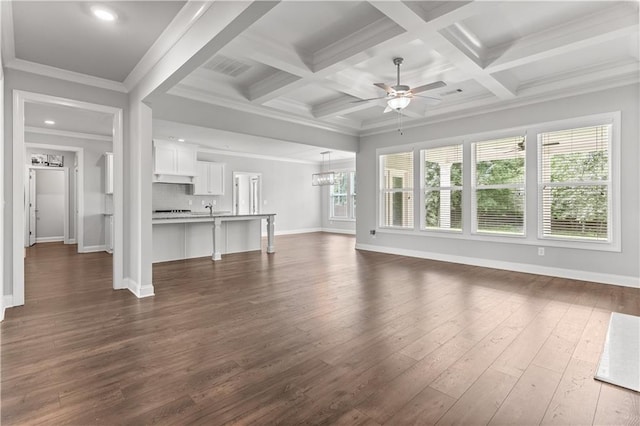 840 Champagne Ln, Hoschton, GA 30548 - unfurnished living room with a ceiling fan, dark wood-type flooring, baseboards, beam ceiling, and recessed lighting