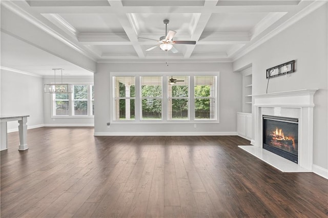 840 Champagne Ln, Hoschton, GA 30548 - unfurnished living room featuring a ceiling fan, healthy amount of natural light, a high end fireplace, dark wood-type flooring, and beamed ceiling
