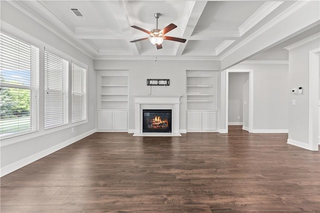 840 Champagne Ln, Hoschton, GA 30548 - unfurnished living room with ceiling fan, built in shelves, baseboards, a fireplace with flush hearth, and ornamental molding