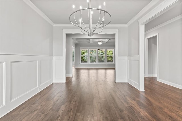 840 Champagne Ln, Hoschton, GA 30548 - unfurnished dining area with a chandelier, a decorative wall, a ceiling fan, dark wood-style flooring, and wainscoting
