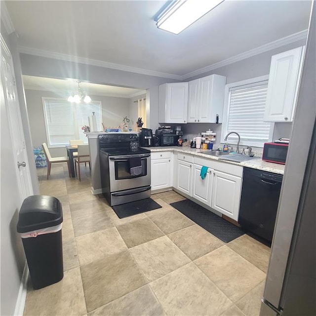 kitchen with sink, a notable chandelier, white cabinetry, black appliances, and ornamental molding