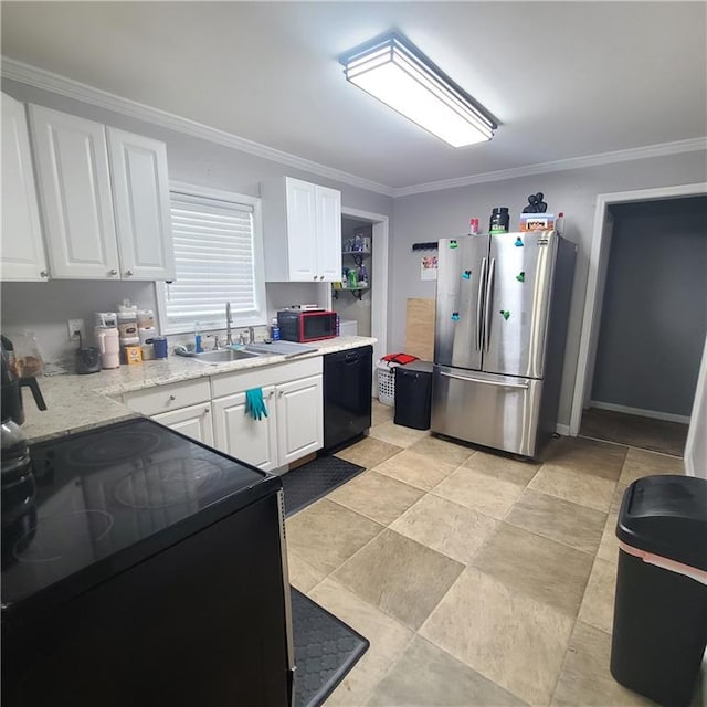 kitchen with white cabinets, sink, ornamental molding, and black appliances