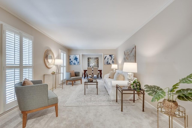 carpeted living room with ornamental molding