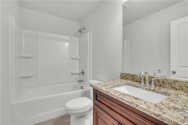 full bathroom with bathtub / shower combination, vanity, toilet, and tile patterned flooring