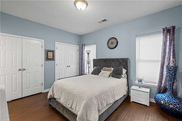 bedroom with wood finished floors, visible vents, multiple windows, and two closets