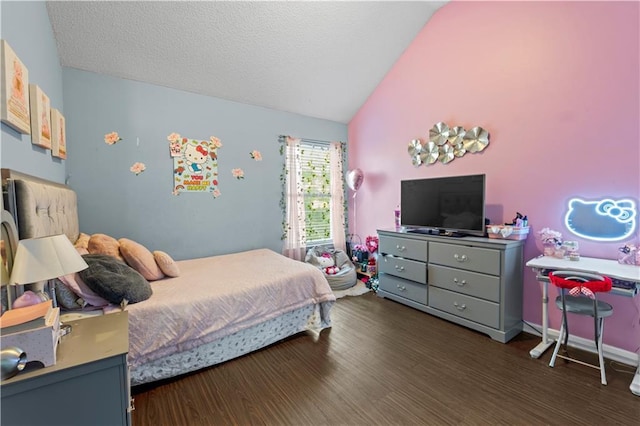 bedroom with lofted ceiling, a textured ceiling, dark wood-style floors, and baseboards