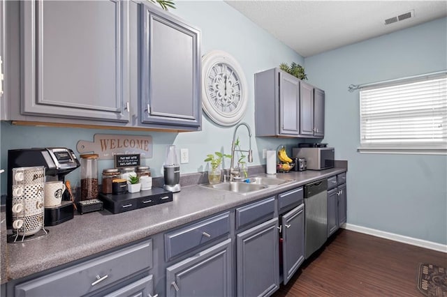 kitchen with gray cabinets, visible vents, appliances with stainless steel finishes, dark wood-type flooring, and a sink