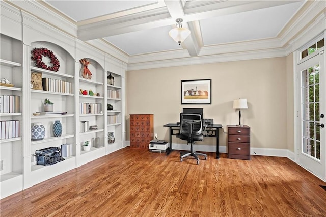 office featuring crown molding, wood finished floors, coffered ceiling, beamed ceiling, and baseboards